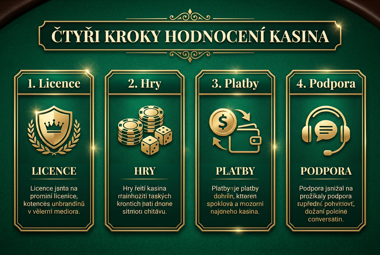 Infografika zobrazující proces hodnocení kasina se čtyřmi kroky